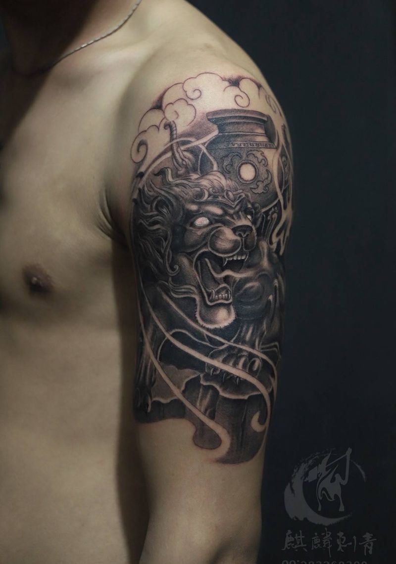 招财貔貅纹身图片_成品手臂传统动物黑灰民族宗教纹身图案