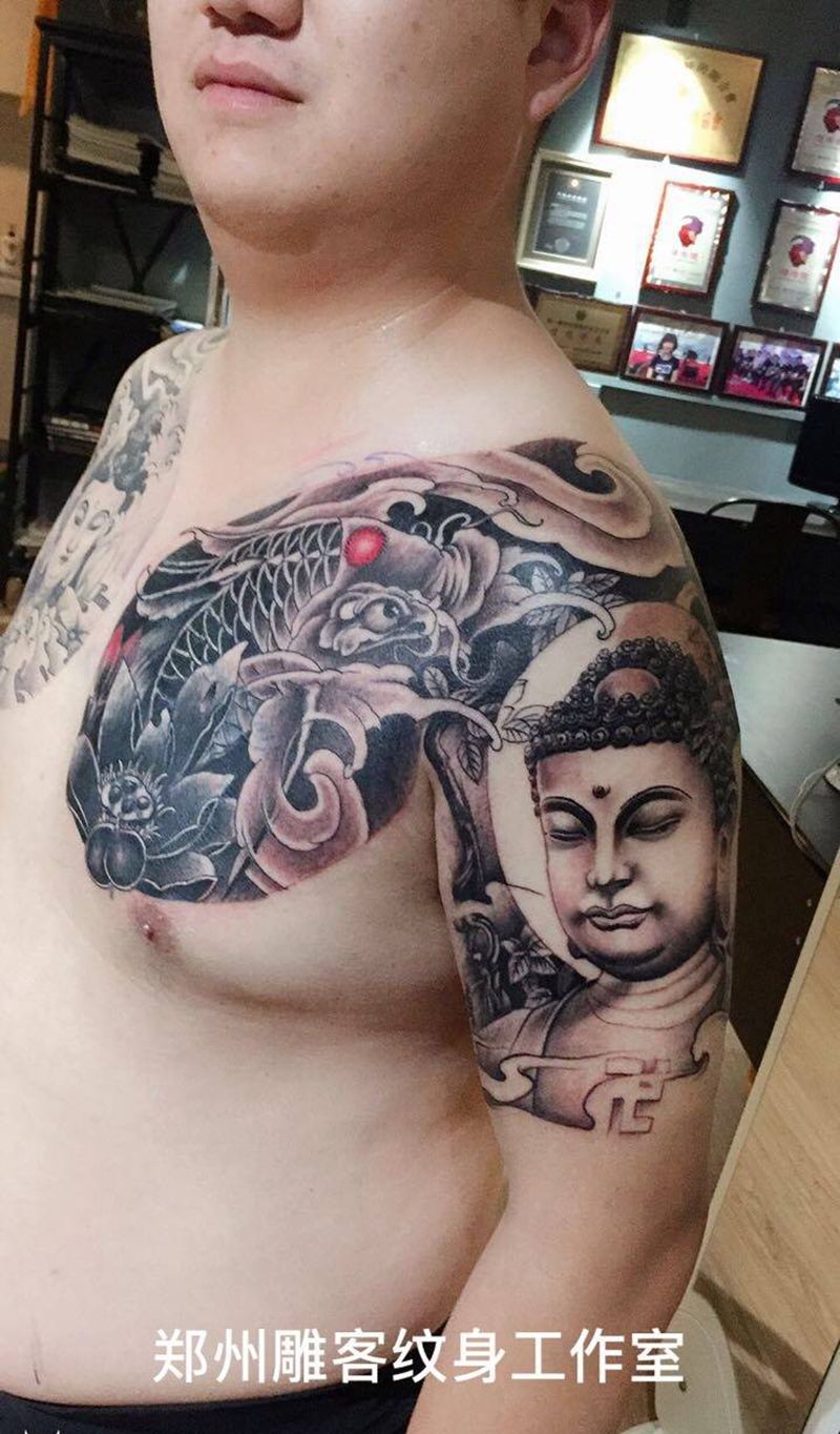 半甲纹身图片_成品手臂传统人物郑州培训人体穿孔纹身图案