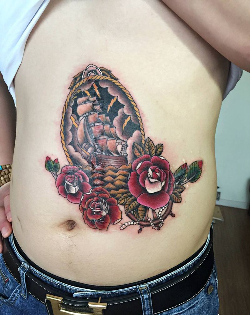 遮盖疤痕纹身图片_成品腹部欧美静物郑州纹身图案