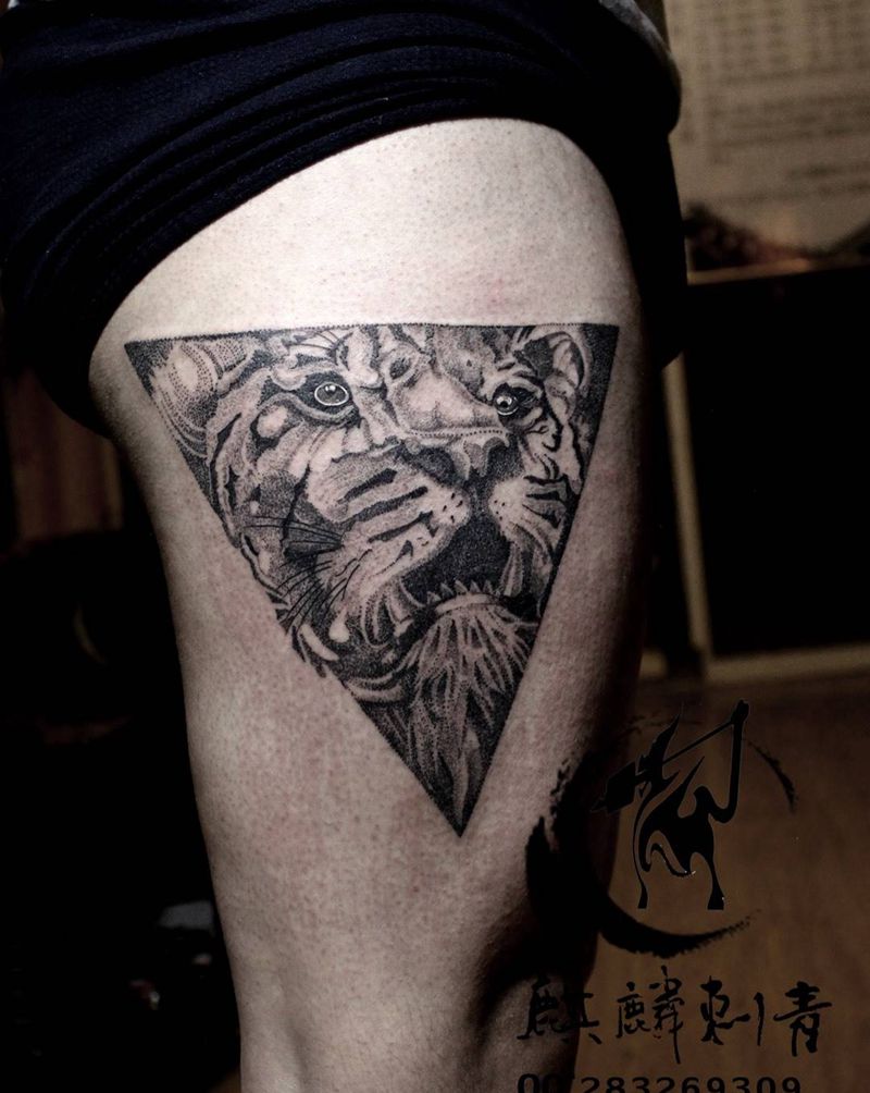 几何点刺老虎纹身图片_成品腿部点刺几何动物老虎纹身图案