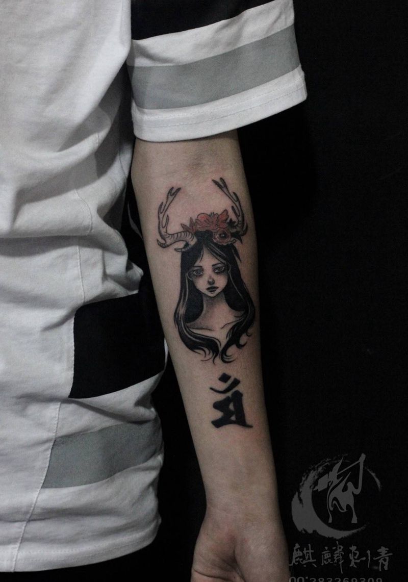 森林小精灵纹身图片_成品手臂清新肖像简约纹身图案