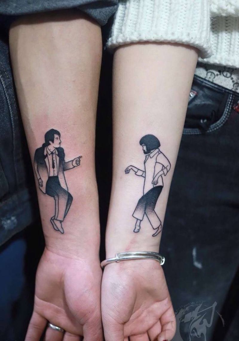 情侣简约纹身纹身图片_情侣人物简约黑灰清新欧美肖像手臂成品纹身图案