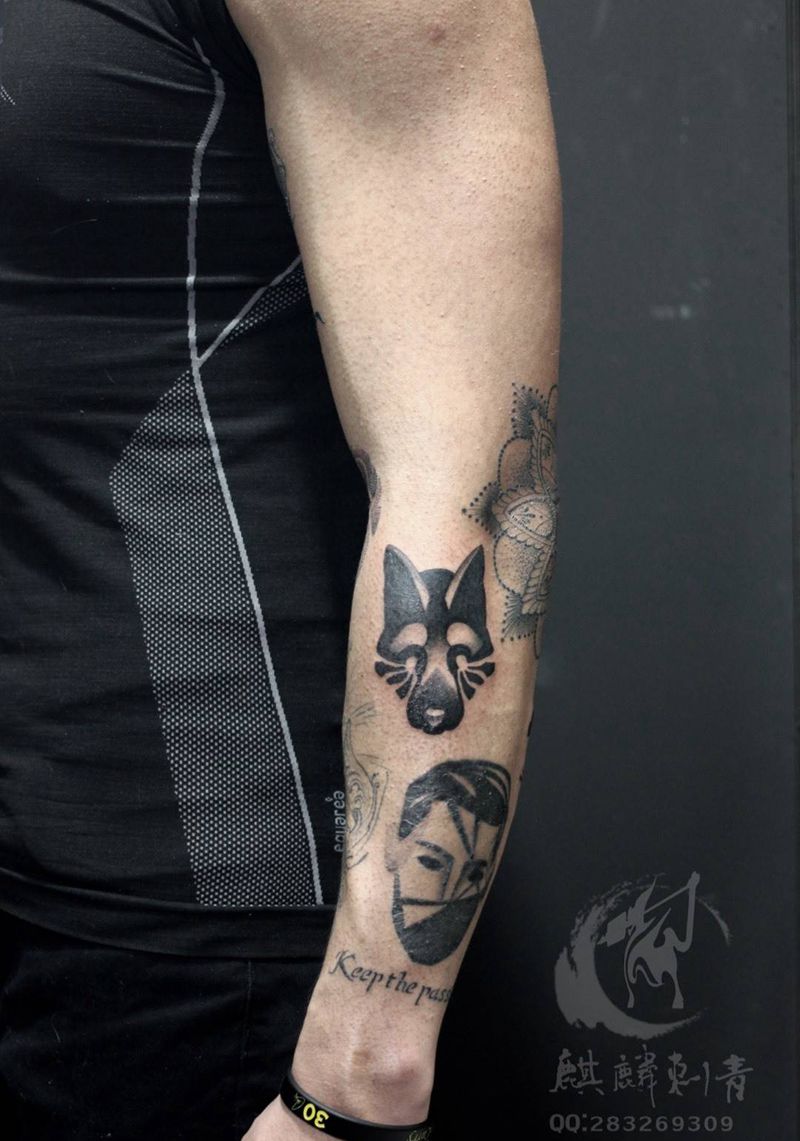 花臂一角,狐狸纹身图片_成品手臂欧美图腾简约纹身图案