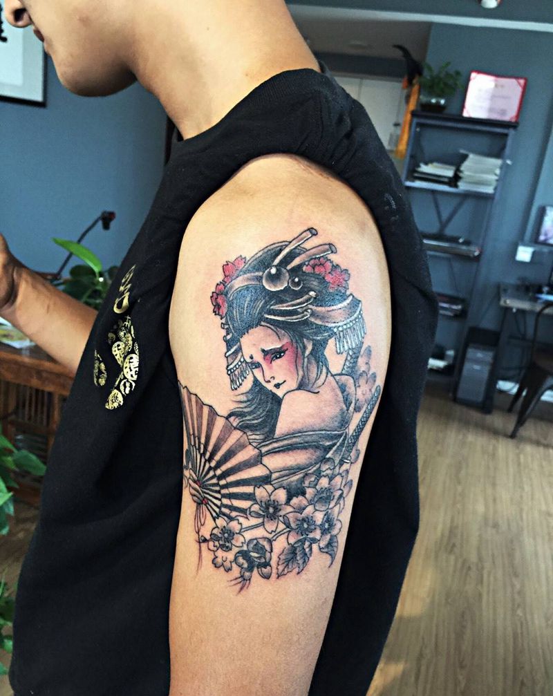 艺妓纹身图片_成品手臂传统人物郑州培训纹身图案