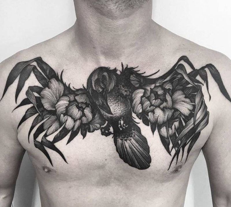 花胸纹身欣赏纹身图片_成品胸部欧美动物植物彩色写实纹身图案