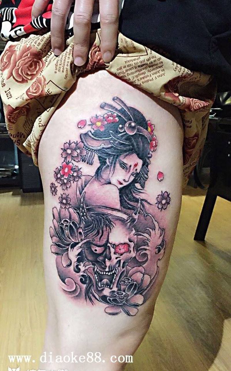 艺妓纹身图片_成品腿部传统人物郑州人体穿孔纹身图案