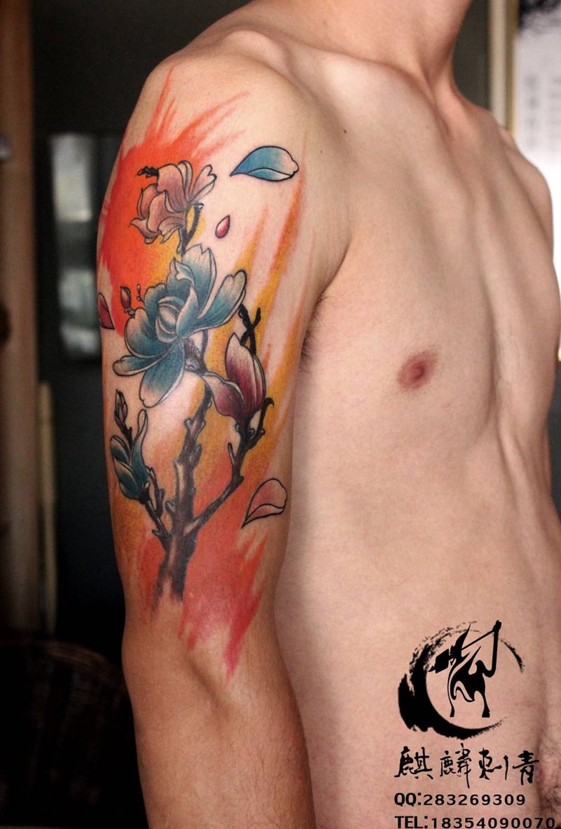 刚刚做完的修改。纹身图片_成品插画肩部清新植物水彩修改遮盖纹身图案