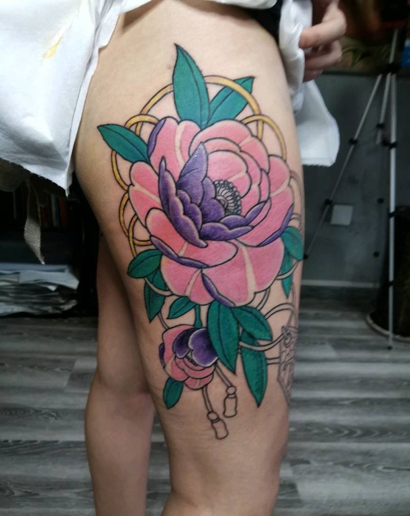 老传统牡丹纹身图片_老传统新传统纹身图案