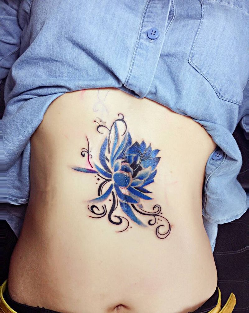 昙花纹身图片_成品腹部传统植物郑州培训纹身图案