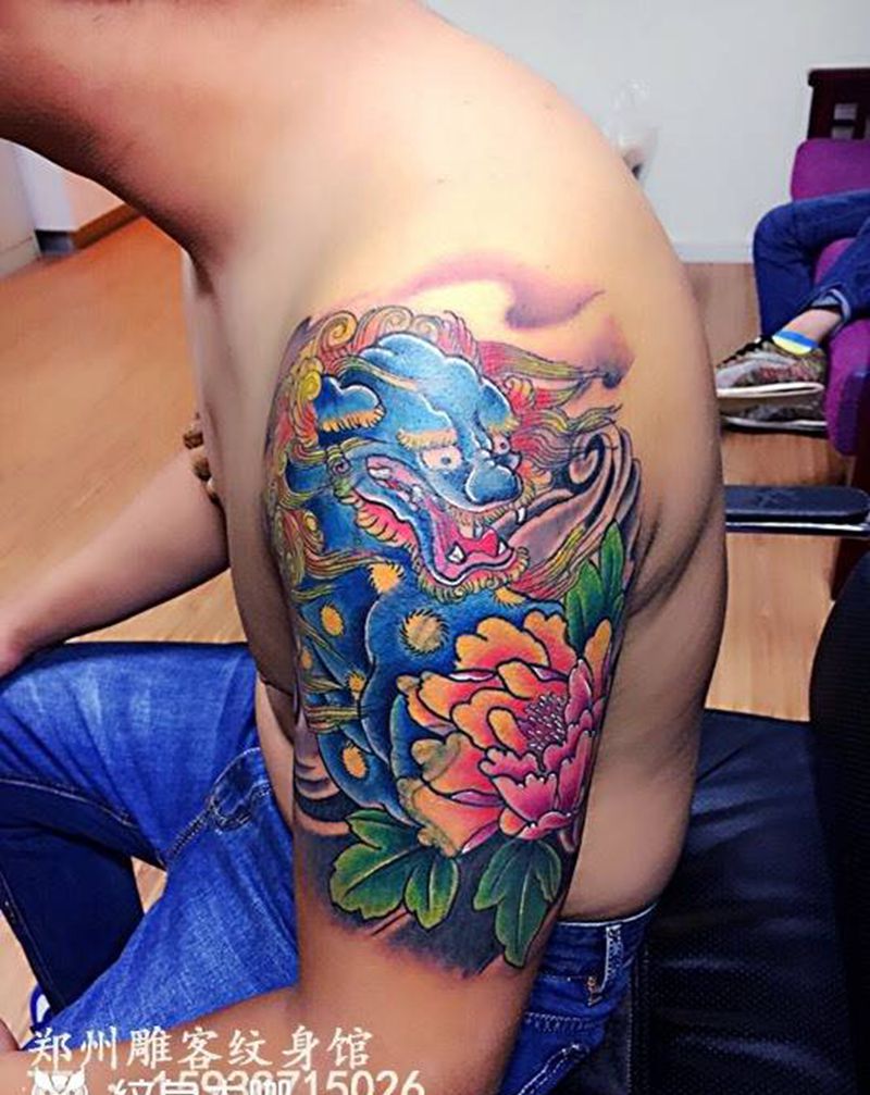 唐狮纹身图片_成品手臂传统动物郑州纹身图案