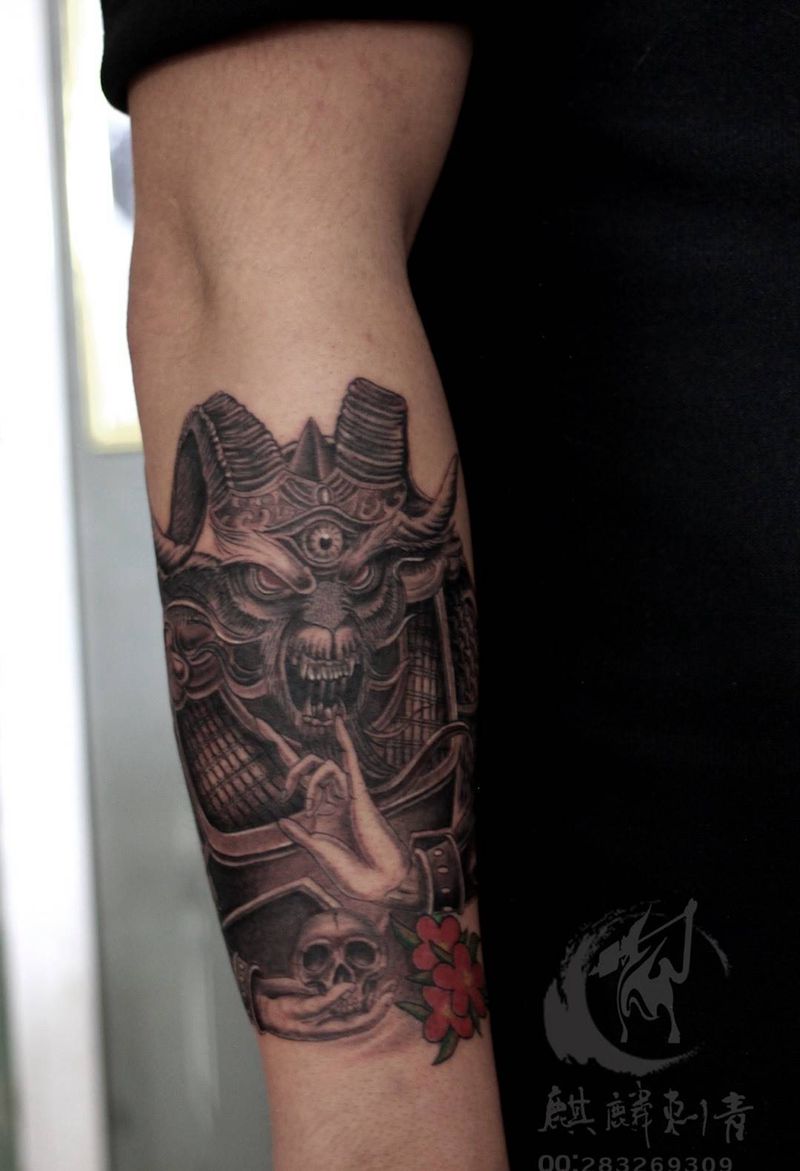 羊大仙纹身图片_成品原创动物传统手臂黑灰纹身图案