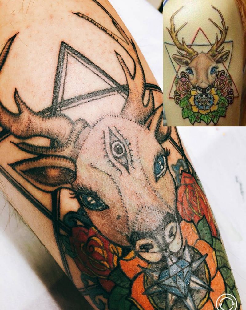 几何鹿遮盖纹身图片_原创动物欧美腿部成品纹身图案