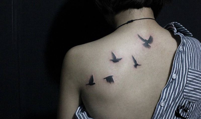 后肩鸽子纹身图片_成品背部清新动物简约黑灰纹身图案