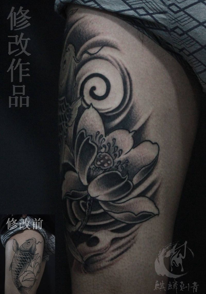 修改添加,鱼非本店作品纹身图片_黑灰修改花卉动物植物传统腿部成品纹身图案