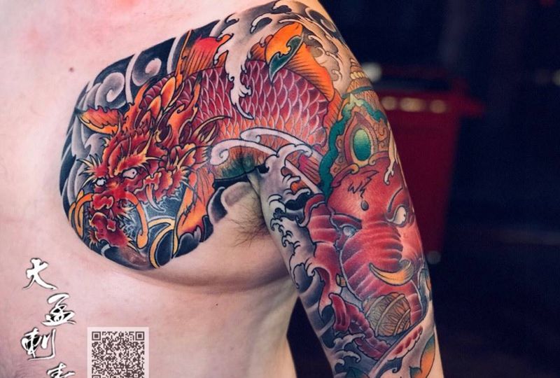 彩色龙鱼象神半甲纹身图片_成品传统原创纹身图案