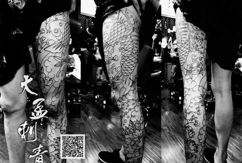 日式花腿线条完工纹身图片_腿部老传统纹身图案