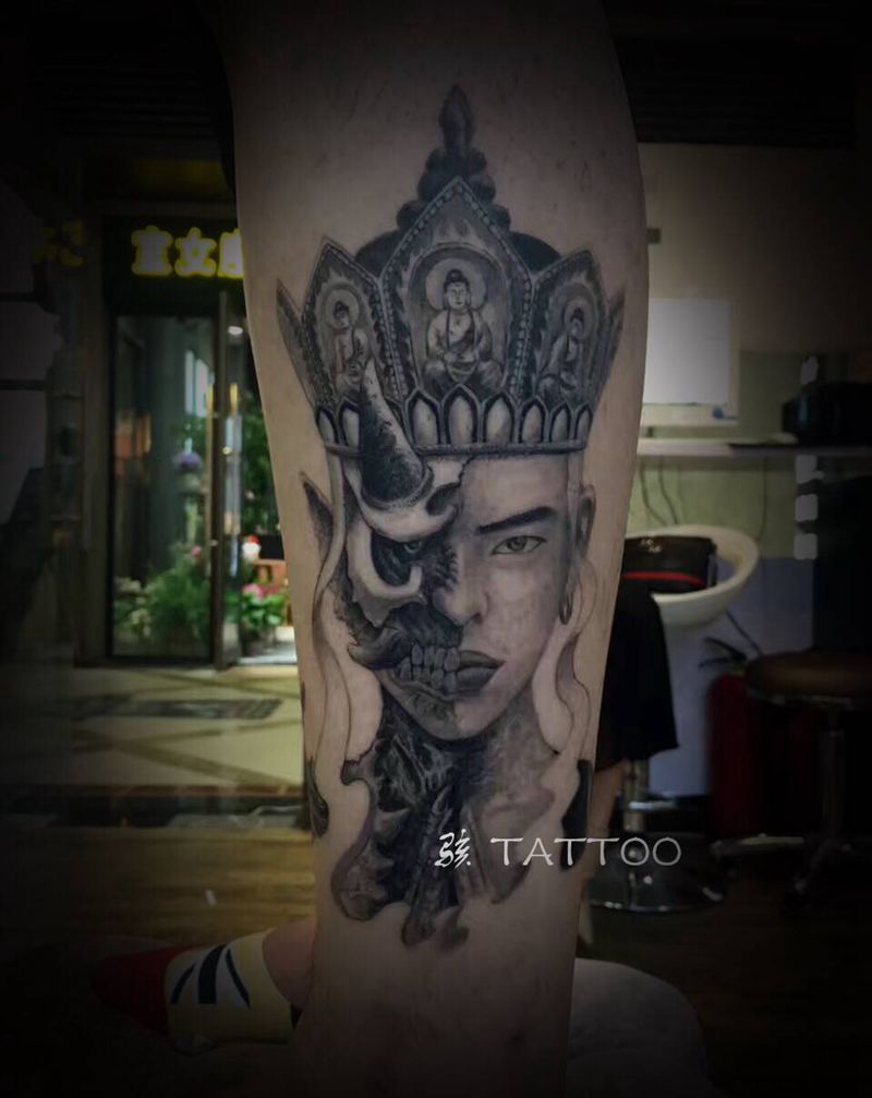 《一念》纹身图片_腿部新传统善恶纹身图案