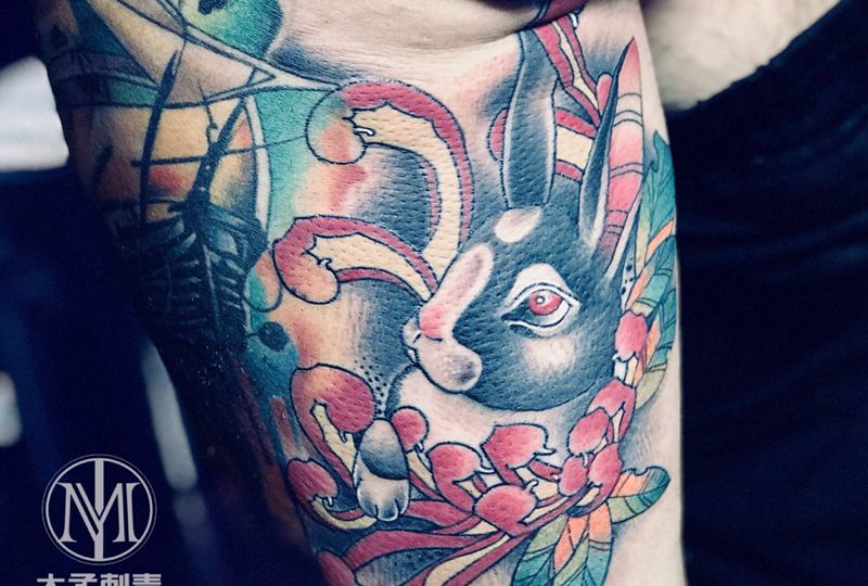 兔子纹身图片_腿部Old School纹身图案