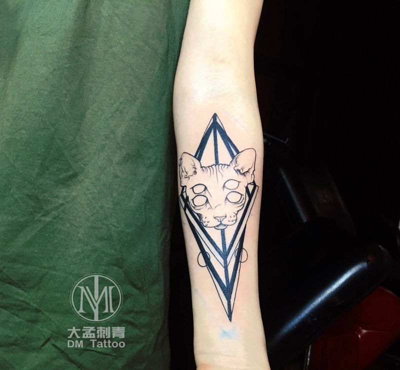 几何斯芬克斯猫纹身图片_手臂几何纹身图案