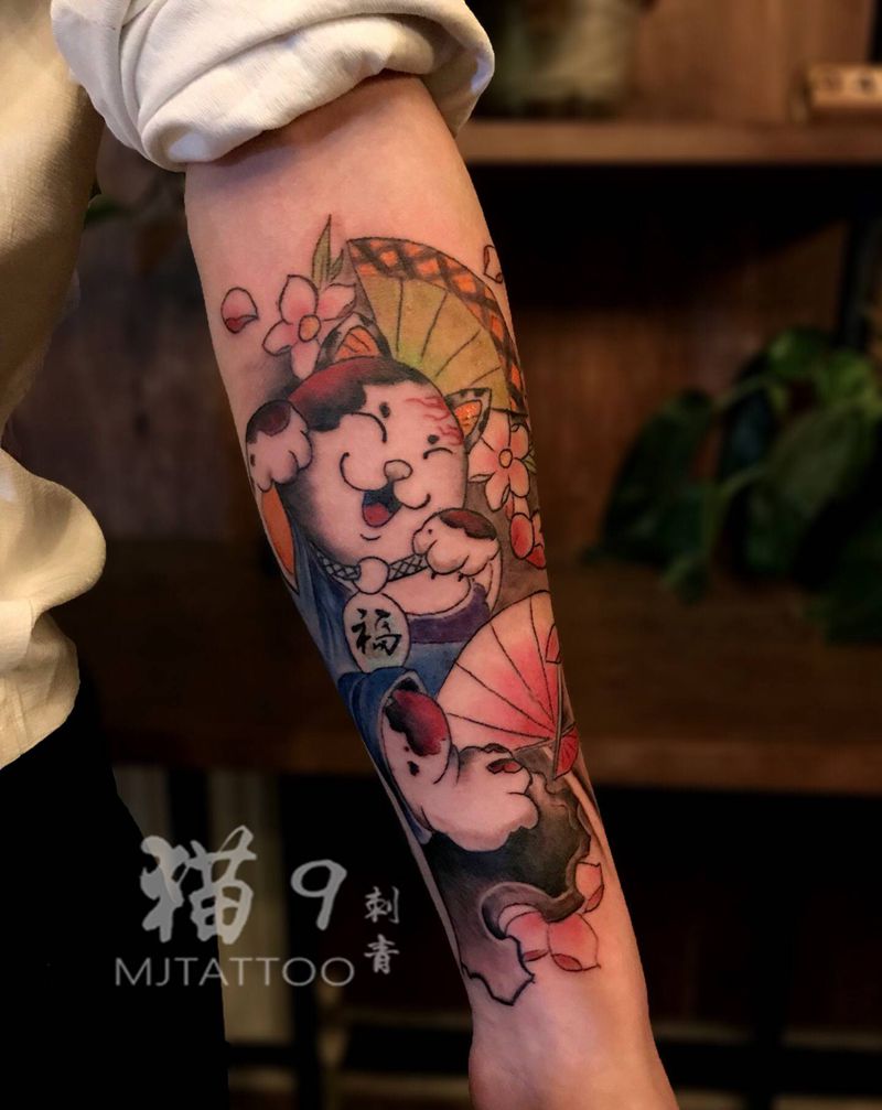 招财猫纹身图片_手臂新传统招财猫纹身图案