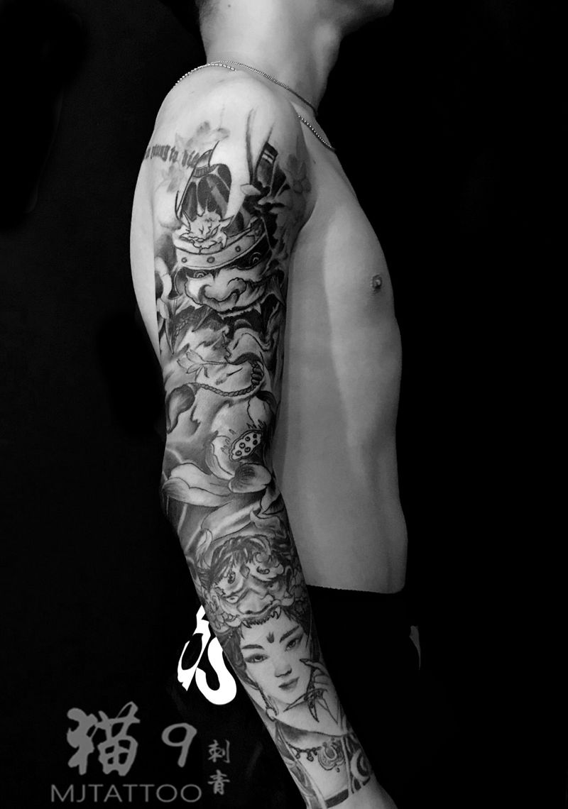 传统花臂纹身图片_新传统黑武士艺妓传统花臂纹身图案