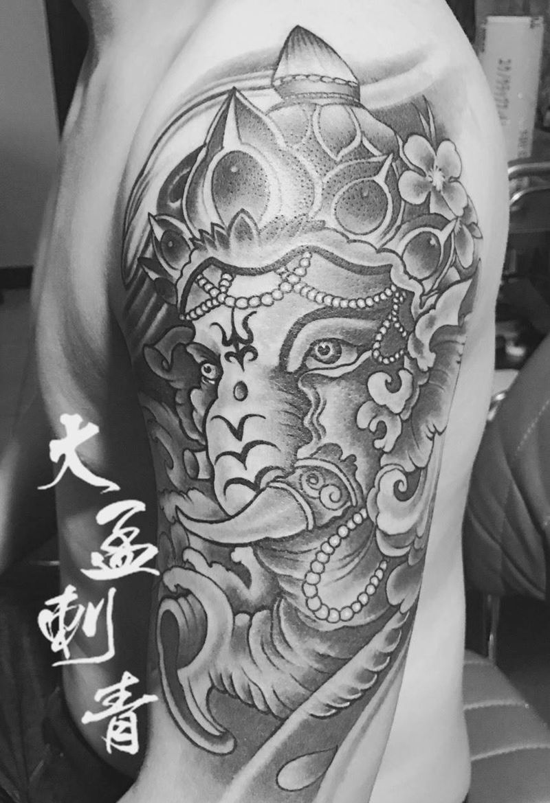 大臂象神纹身图片_成品原创动物传统纹身图案
