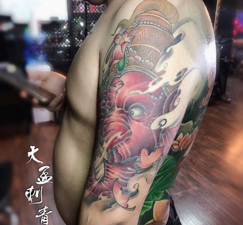 彩色象神纹身图片_成品原创传统手臂纹身图案