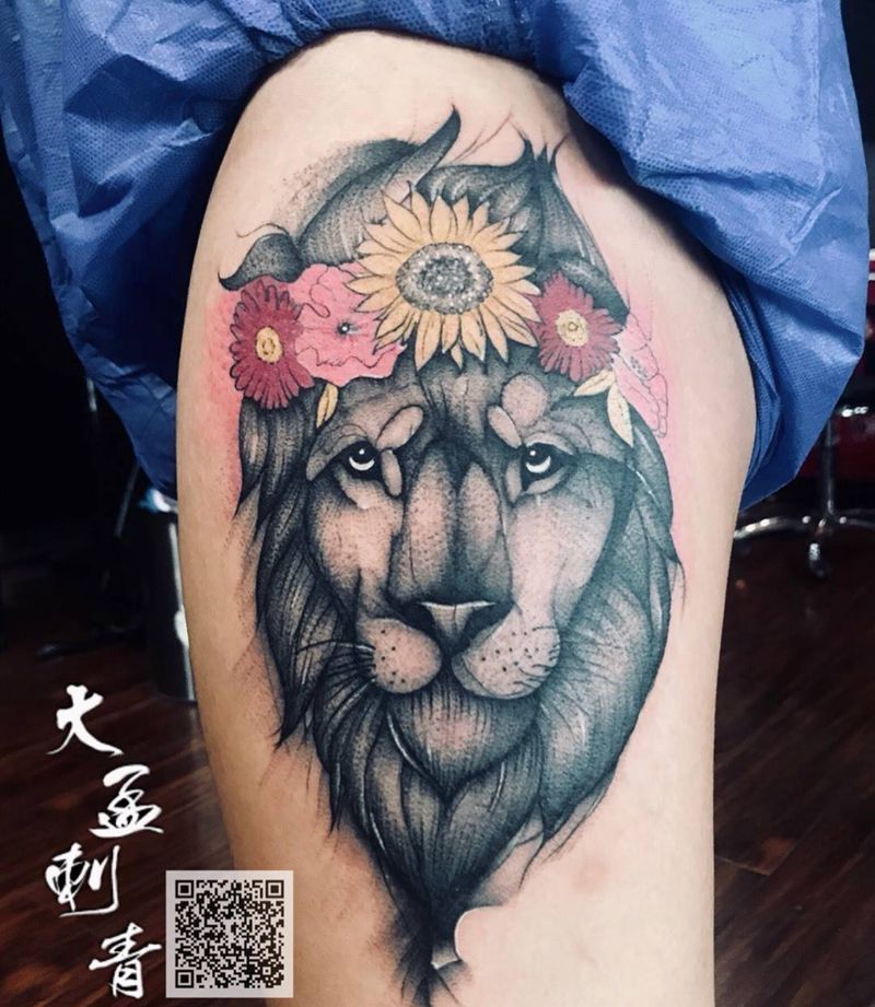 大腿几何体水彩狮子纹身图片_成品原创纹身图案