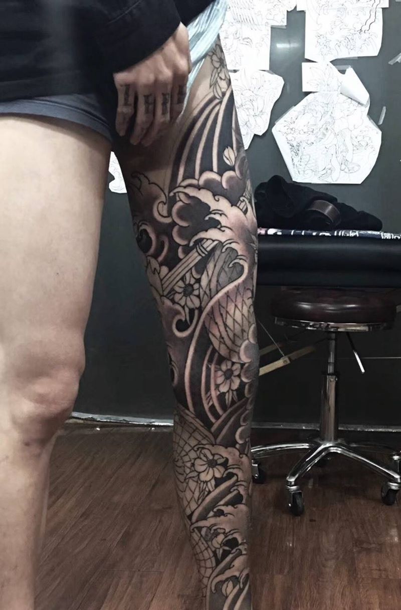 九纹龙花腿 未完成作品纹身图片