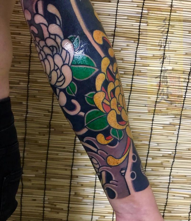 菊花臂。未完。待续纹身图片