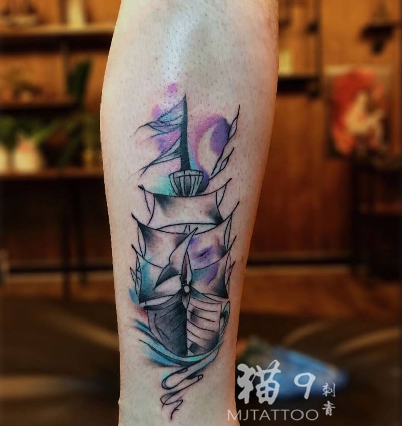 水彩帆船⛵️纹身图片