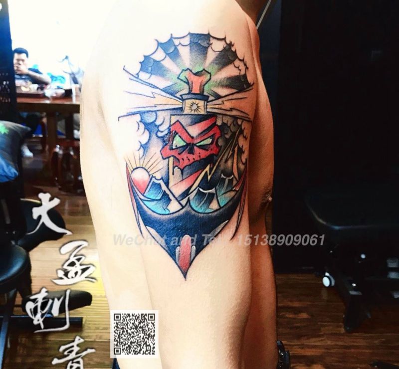 school船锚灯塔纹身图片_手臂Old School纹身图案