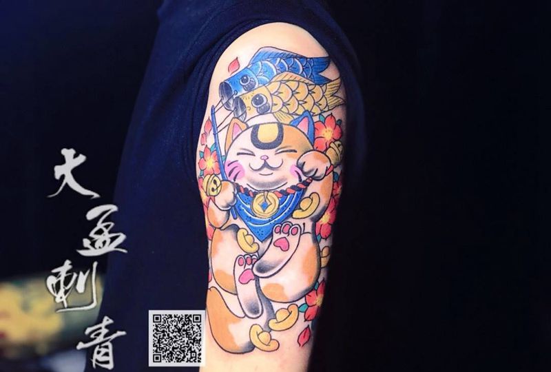 招财猫纹身图片_手臂新传统纹身图案