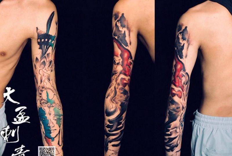 中国风花臂纹身图片_手臂水墨纹身图案