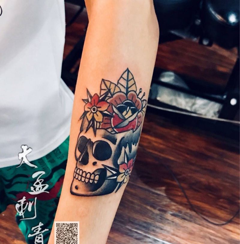 school骷髅头纹身图片_手臂纹身图案