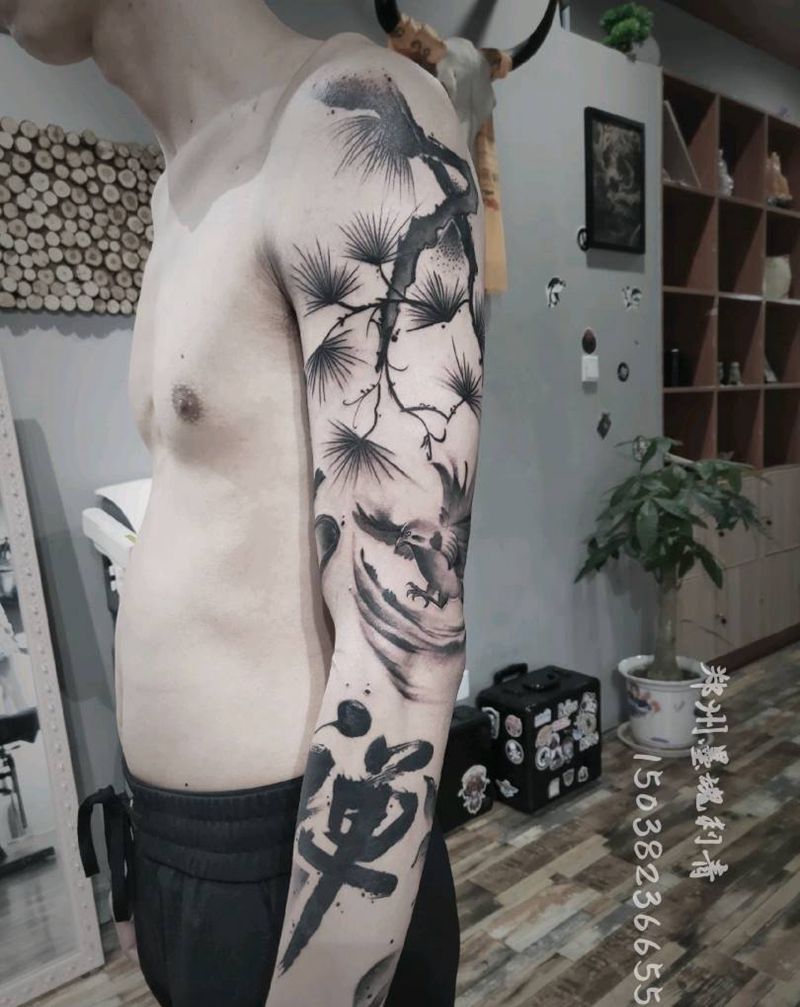 水墨花臂纹身图片_水墨纹身图案