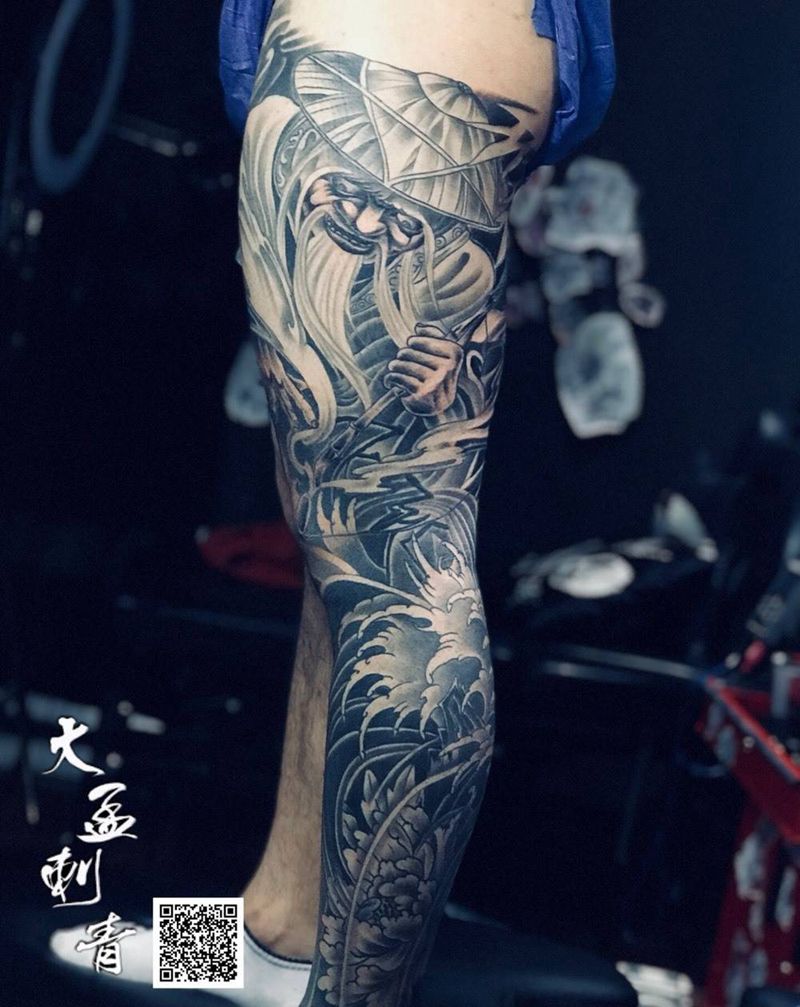 姜太公钓鱼花腿纹身图片_成品腿部传统原创纹身图案