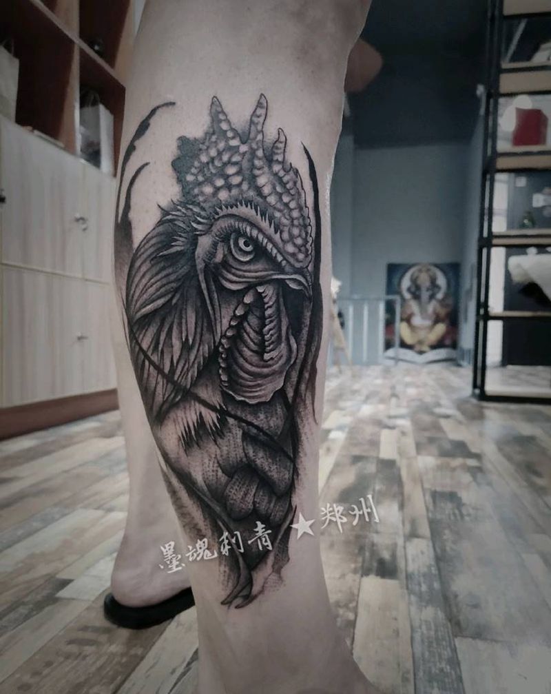 鸡头纹身图片_腿部新传统纹身图案