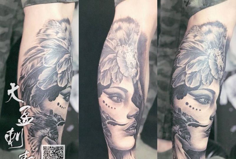 欧美人物写实纹身图片_腿部欧美写实纹身图案