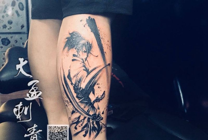水墨武士纹身图片_腿部纹身图案