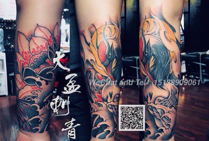 荷花鹤包小臂纹身图片_手臂新传统纹身图案