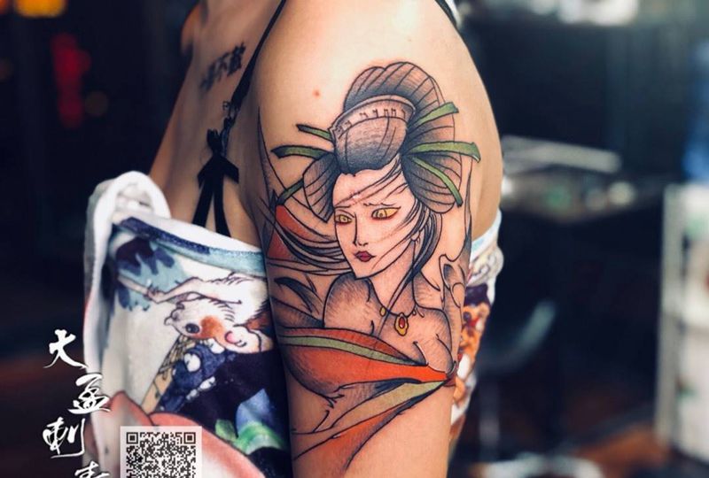 大臂艺妓纹身图片_成品原创纹身图案