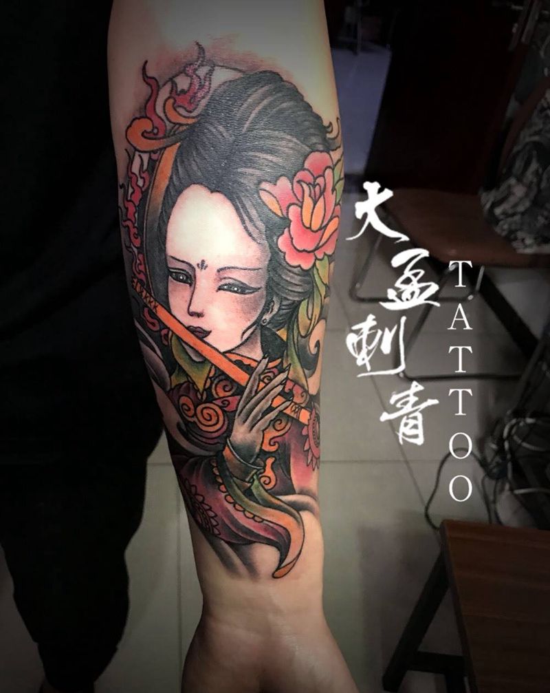 彩色小臂艺妓纹身图片_成品原创纹身图案