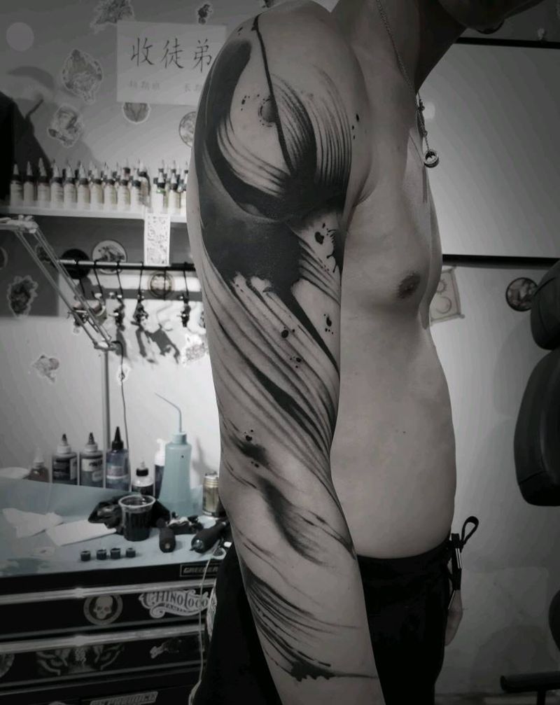 泼墨纹身图片_手臂水墨纹身图案
