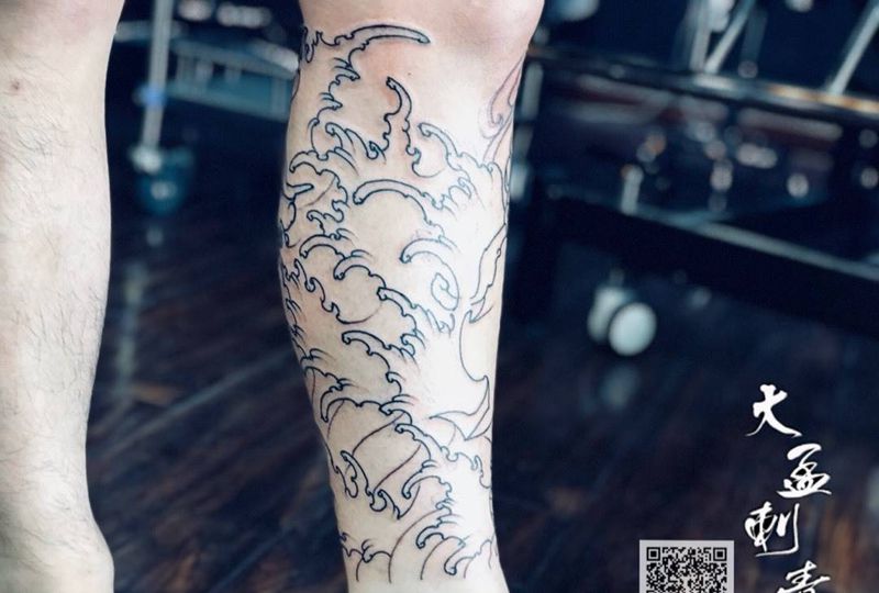 象神水浪包小腿未完待续纹身图片_成品原创传统纹身图案