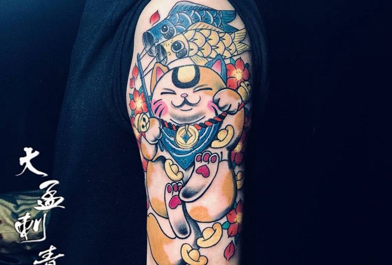 招财猫纹身图片_手臂纹身图案