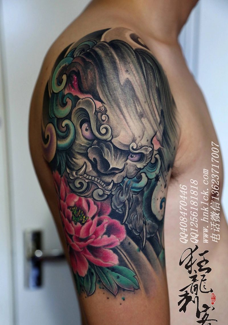 唐狮纹身图片_成品手臂肩部传统国画人物植物动物原创纹身图案