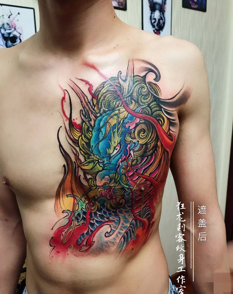 暴力遮盖纹身图片_胸部腹部老传统新传统麒麟麒麟遮盖纹身图案