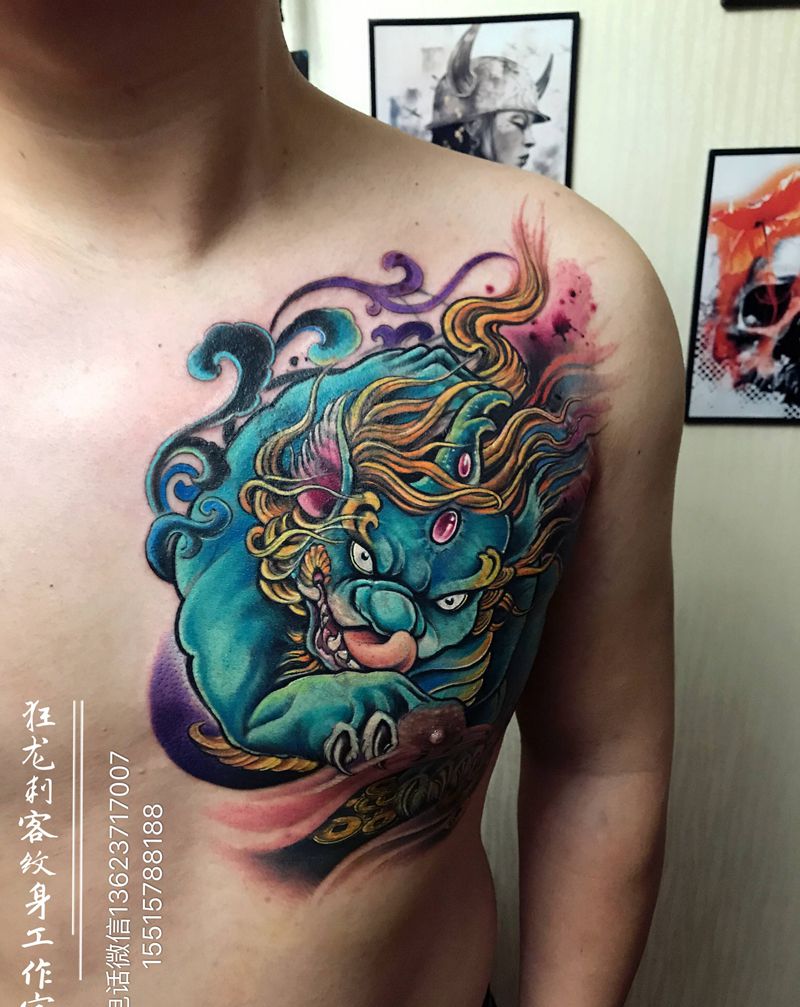 暴力遮盖纹身图片_胸部腹部老传统新传统貔貅招财貔貅遮盖纹身图案