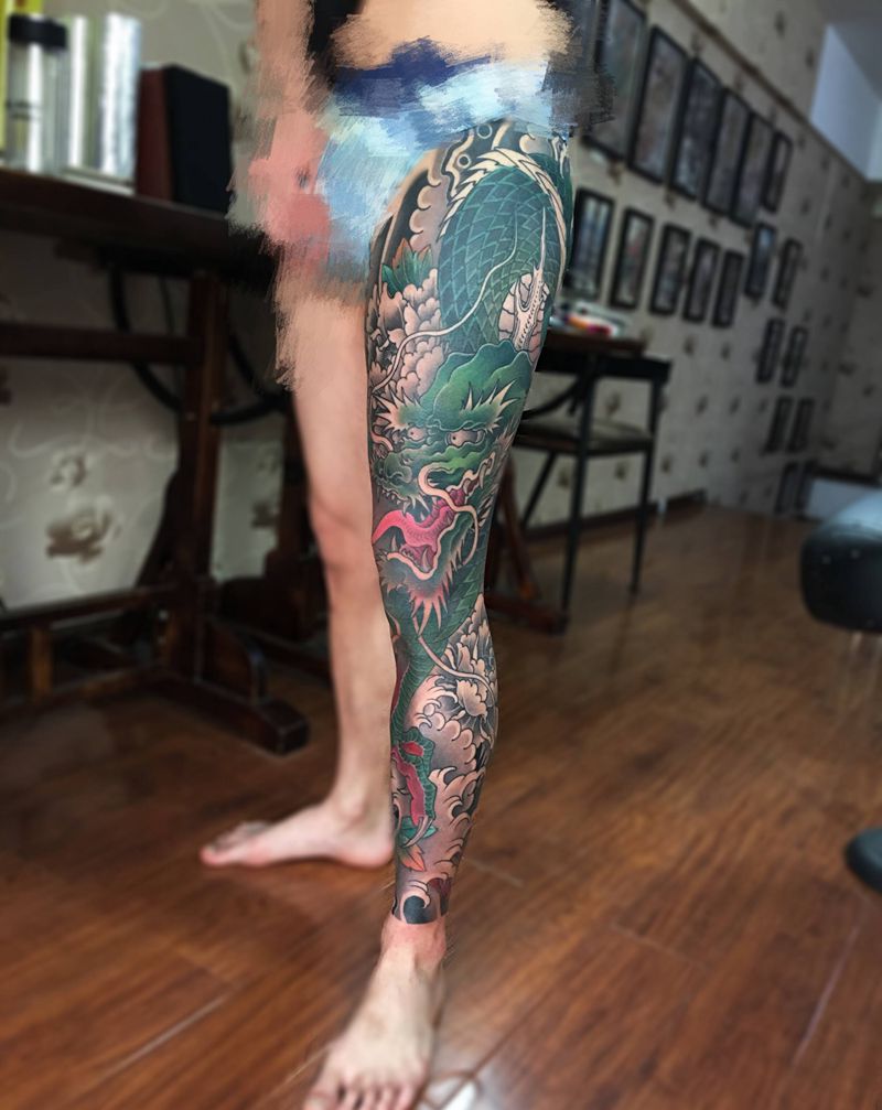 龙纹身图片_腿部新传统纹身图案